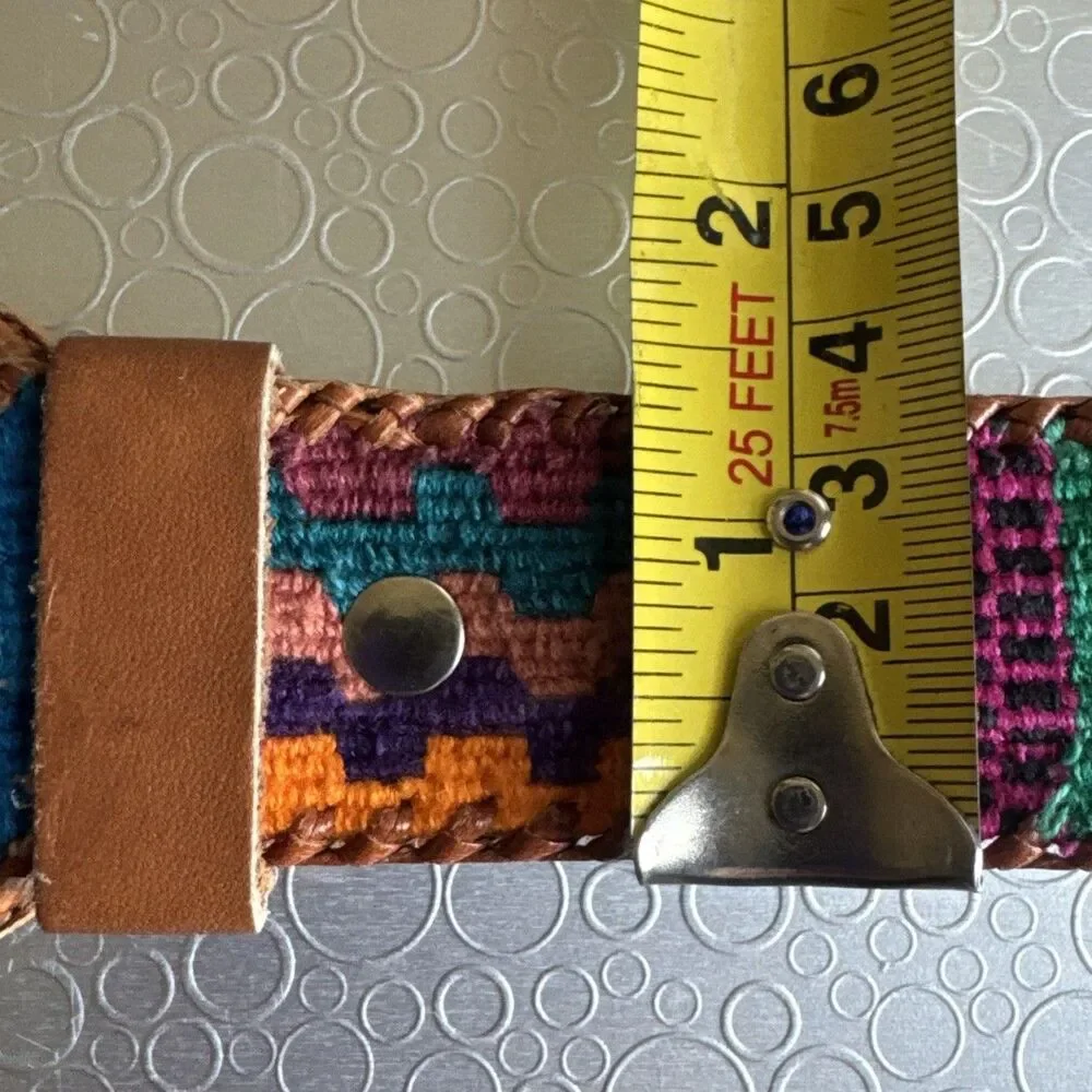 Vintage Handmade Guatemala Woven Belt 32 Cotton Leather Aztec Folk Art Southwest